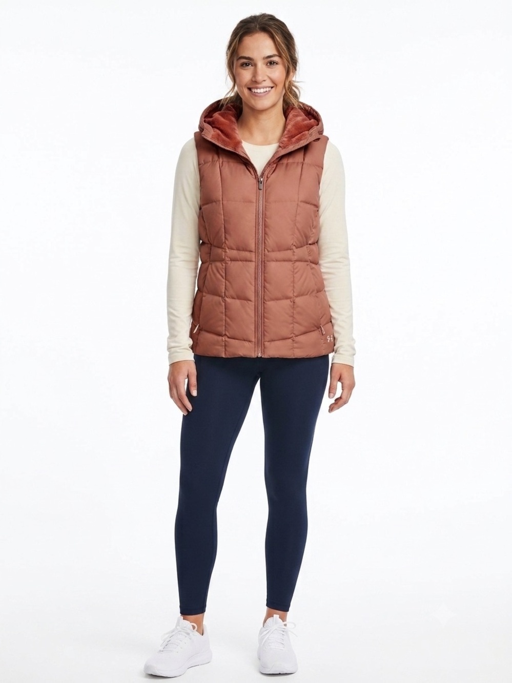 Under Armour ColdGear Tan Puffer Vest Hooded Full Zip Medium Loose Fit